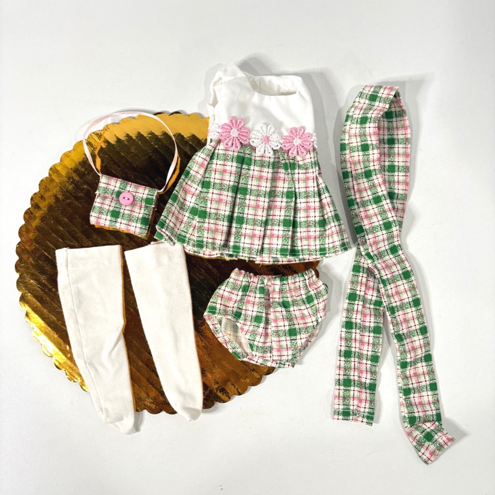 Handmade 14 in Doll Clothes 5pc Set Green Pink Plaid Dress Socks Purse Scarf